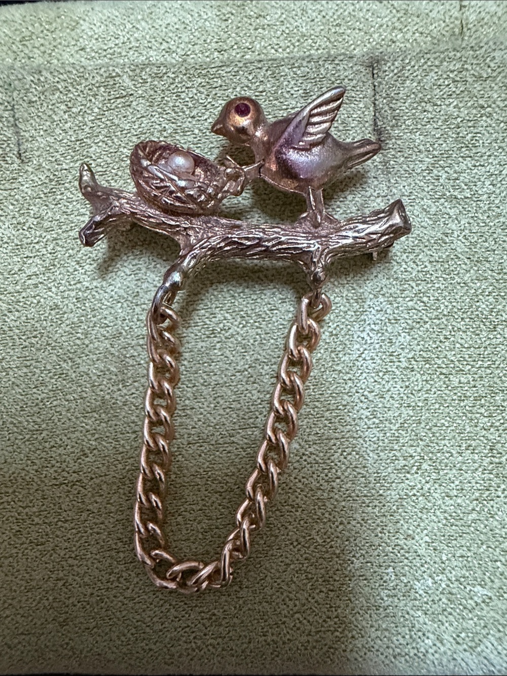 Vintage Source Unknown Gold-Tone Bird and Nest Brooch with Chain